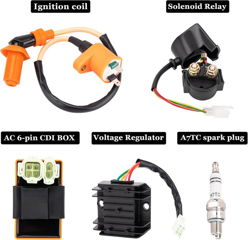 GDDGHS GY6 150cc Ignition Coil Kit for 150cc 125cc 50cc ATV Quad Go Kart Moped Scooter, High performance GY6 Ignition Coil, 6 Pin AC CDI Box, Voltage Regulator, Rectifier Solenoid relay&A7TC Spark Plug - Image 2